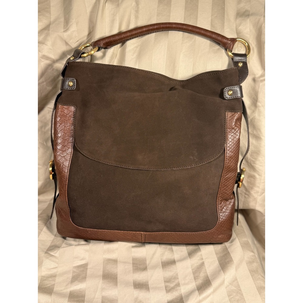 Pursuits Brown Suede Embossed Leather Hobo Shoulder Bag 8404-BRN Gold Hardware